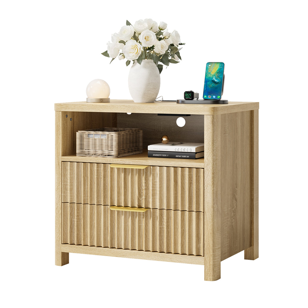 Eluknt Modern Fluted Nightstand with Integrated Charging Station