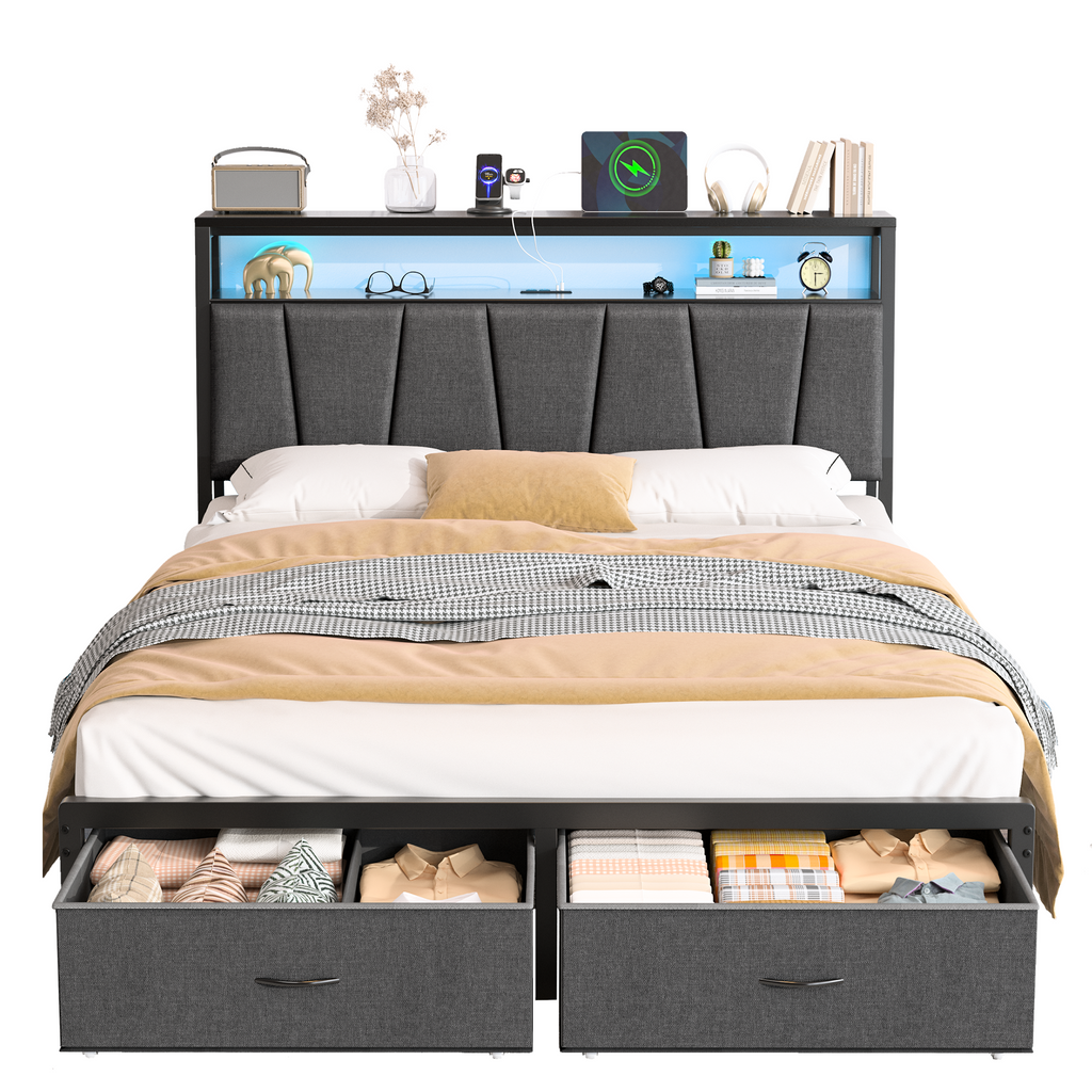 Eluknt Upholstered Bed Frame with 2 Storage Drawers, RGB LED & Charging Station