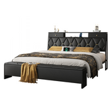 Eluknt Bed Frame Platform with Storage Drawers & Upholstered Charging Headboard and Ottoman