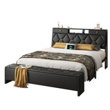 Eluknt Bed Frame Platform with Storage Drawers & Upholstered Charging Headboard and Ottoman